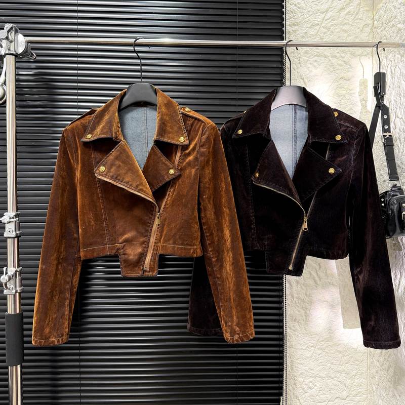 Trendy Popular Blazer with Lapel, Shiny Velvet Denim Jacket for Women, Autumn Hong Kong Style Retro Ultra-Short Biker Jacket