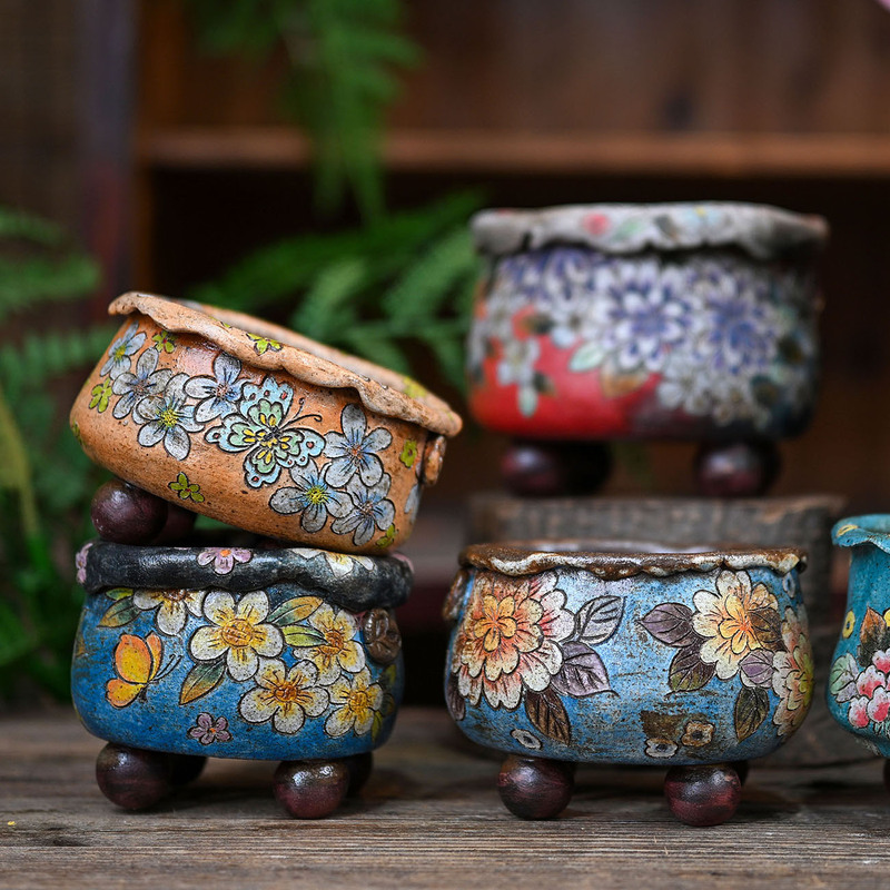 Porcelain Flower Pots Hand-Painted and Hand-Carved with Vintage Floral Designs, Small R Brand, High-Temperature Glazed, Breathable Coarse Pottery Succulent Flower Pots