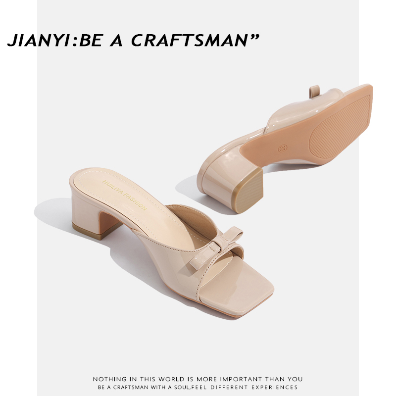 Jianyi Jane Yi High-Heeled Sandals for Women, Open-Toe Rhinestone Slippers for Outdoor Wear, 2025 Summer Style, Suitable for Pairing with Dresses, Chunky Heel Sandals