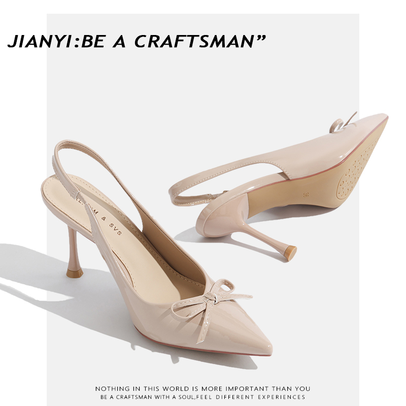 2025 New French-Style Nude Pointed-Toe Bowknot Shallow High-Heeled Sandals for Women with Open Back and Stiletto Heel