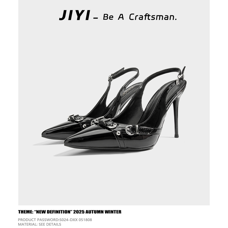 Jianyi Patent Leather Elegant High-Heeled Shoes with Metal Buckle, Women's French-Style Pointed Toe Sexy Stiletto Sandals
