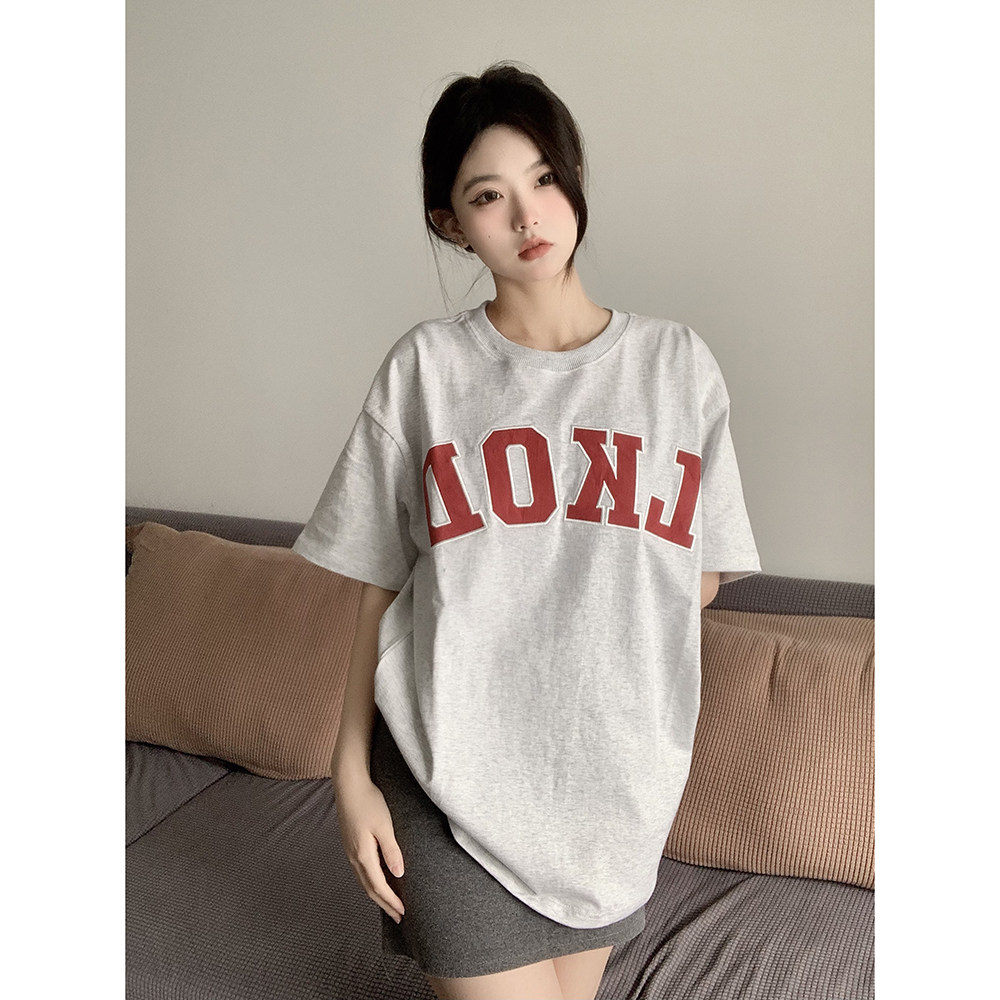 LKSTORE LKOD2022 spring summer style suede round neckline letter 100 hitch national tide casual short sleeve couple tee