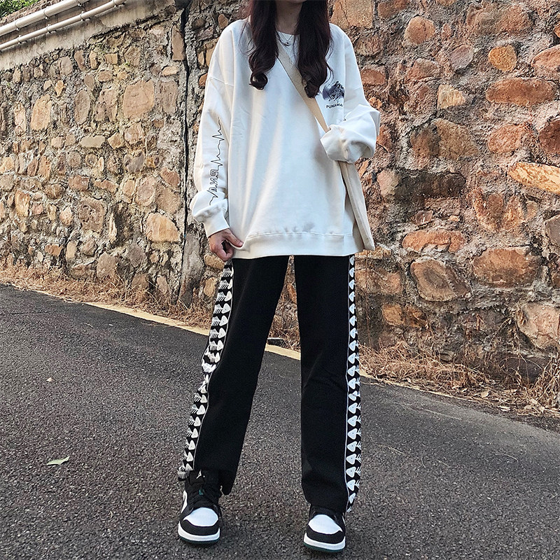 LKSTORE TYST national tide brand fishbone string label retro casual pants men and women lovers loose sports pants