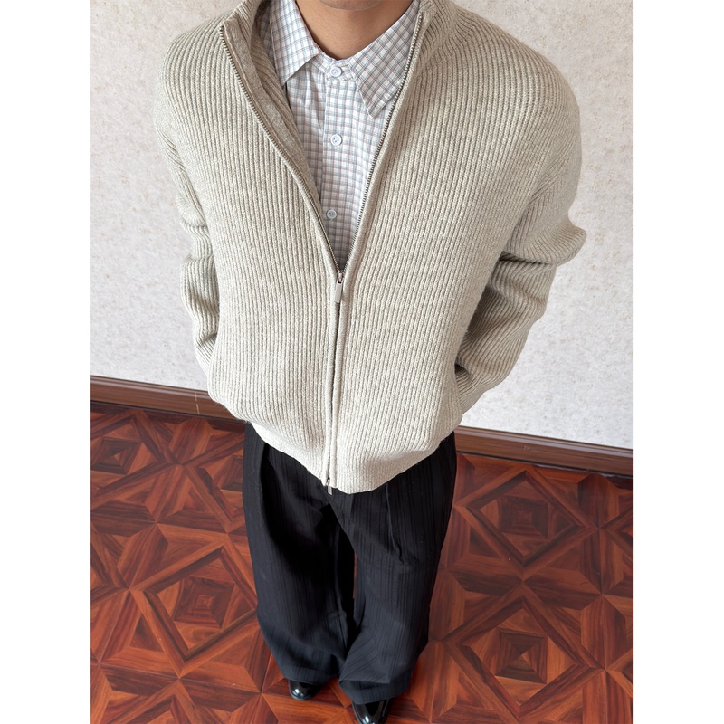 Sellshreen Minimalist Vertical Striped Zipper Sweater, Gentle and Versatile, Loose Long-Sleeved Knitted Wool Casual Cardigan