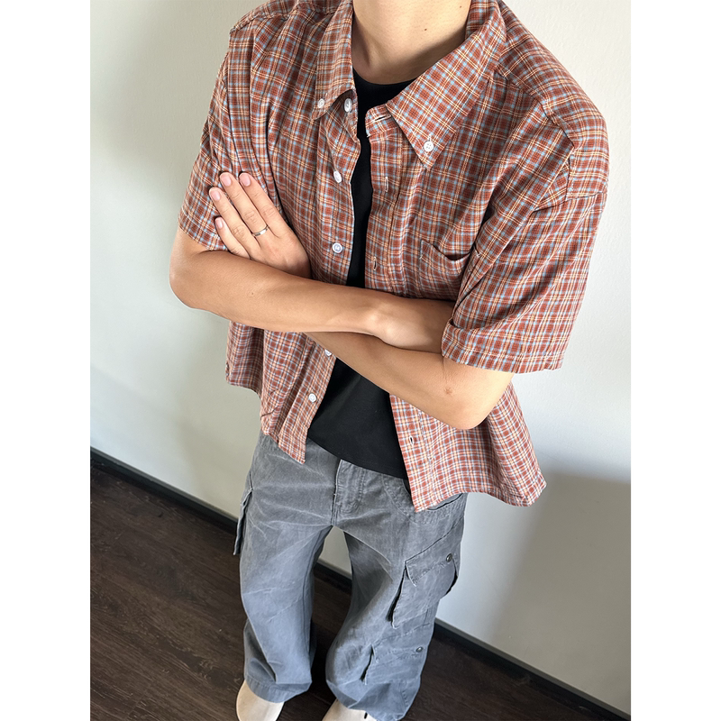 Sellscream American Casual Plaid Short-Sleeve Shirt Versatile Loose Retro Plaid Short Shirt Trendy