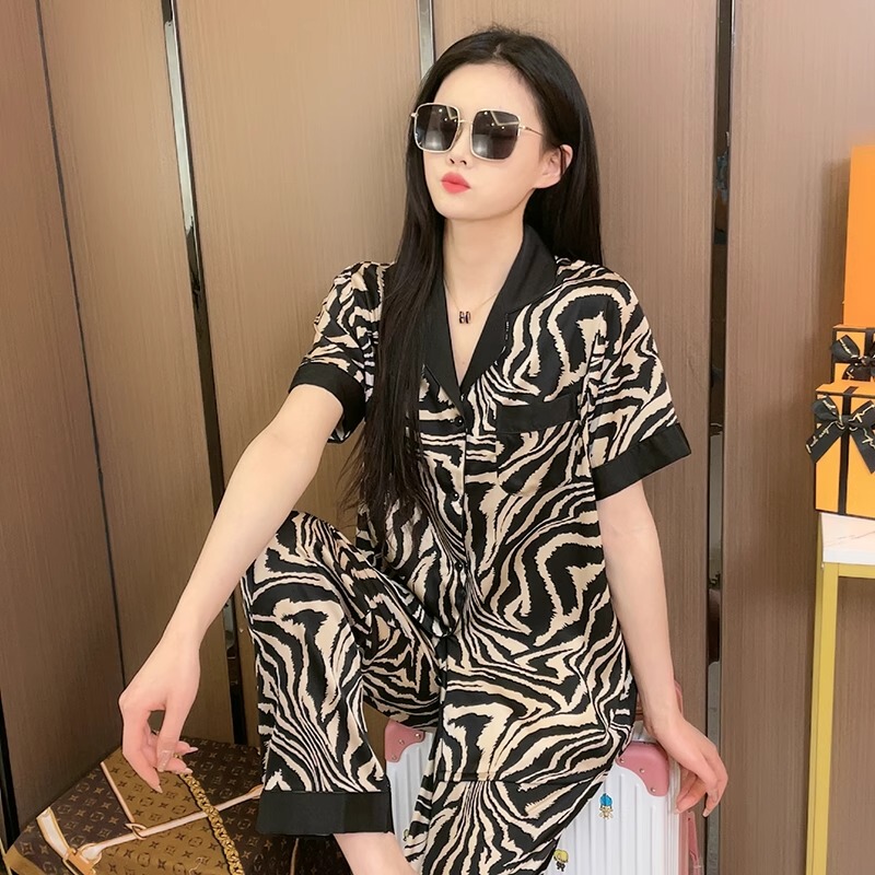 Japanese Gp Couple Ice Silk Pajamas Women's Summer Short-Sleeved Leopard Print Loungewear Men's Three-Piece Set High-End Suit