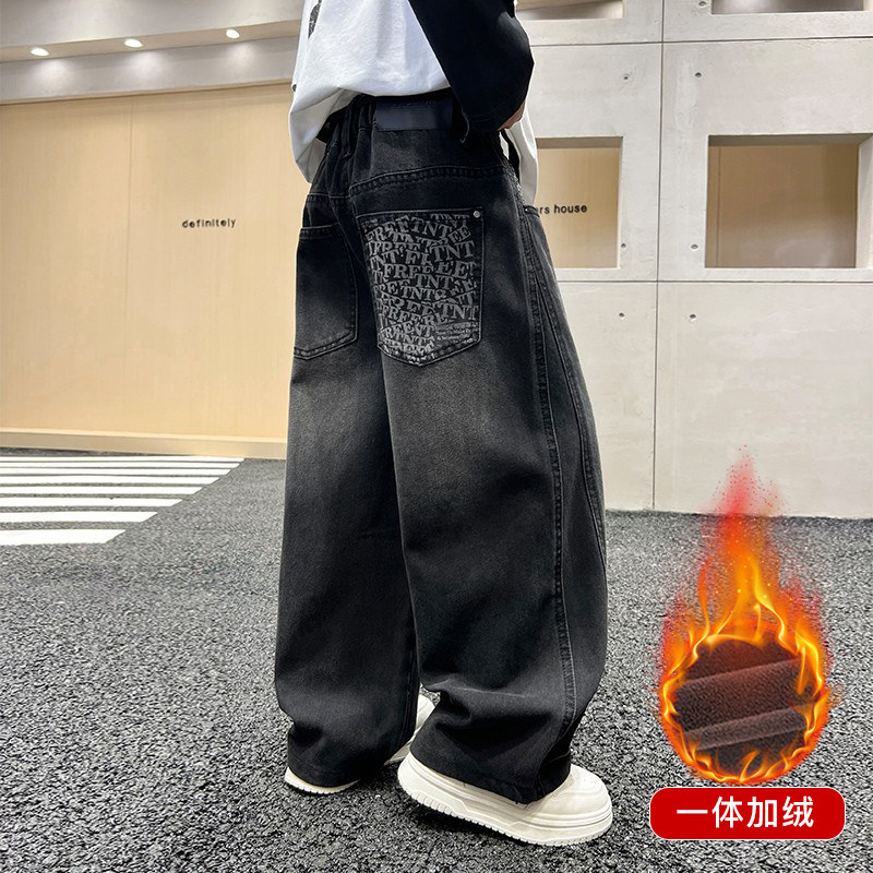 Прямые джинсы для мальчиков плюс бархатные зимние брюки, новинка 2025 года, детские осенние утепленные брюки среднего и большого размера, детские черные брюки