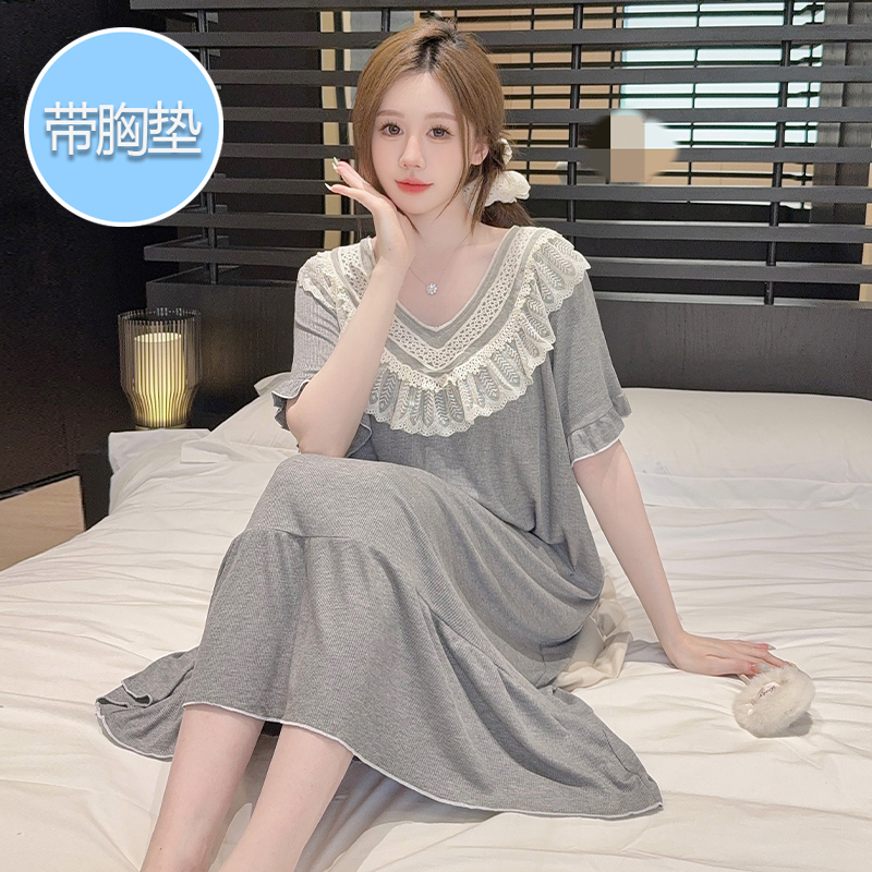 Women's Summer Short-Sleeved Modal Nightgown with Breast Pads, Sweet Lace, Plus Size 100kg Pajamas and Loungewear