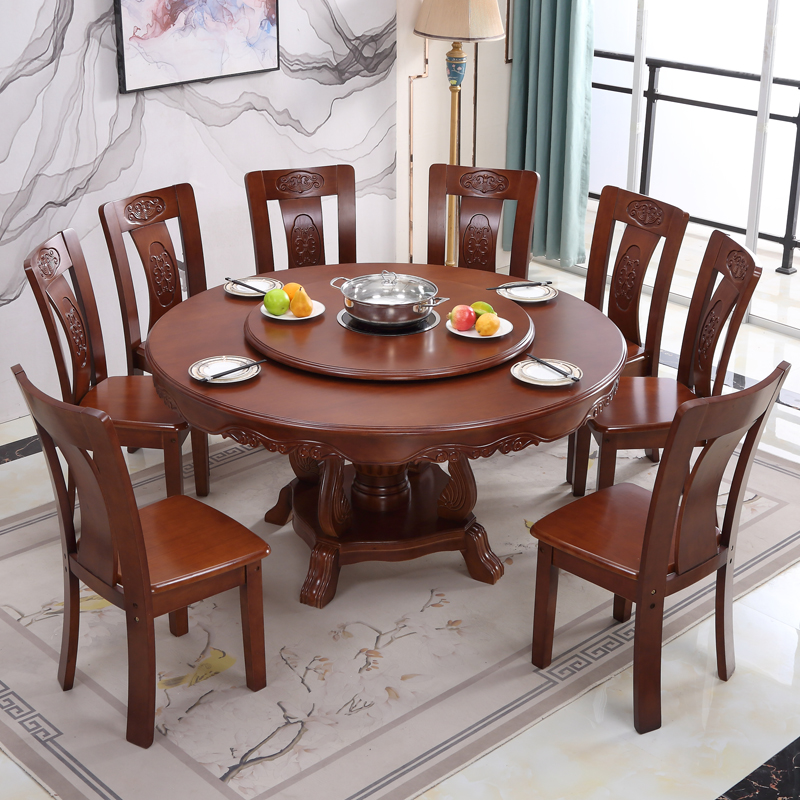 Large round table solid wood oak dining table and chair combination Chinese style antique hotel restaurant large round table dining table can be equipped with induction cooker