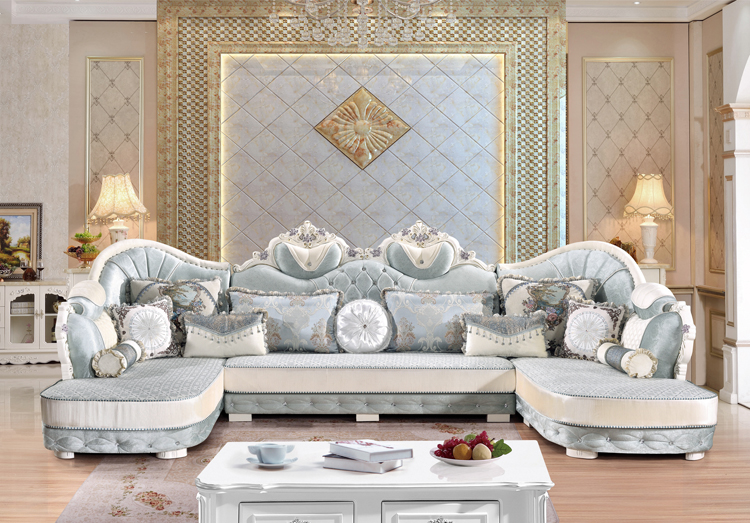 Manufacturer direct sales brief modern Jane and American style cloth art corner U-style living room sofa solid wood frame imitation ancient carved flower