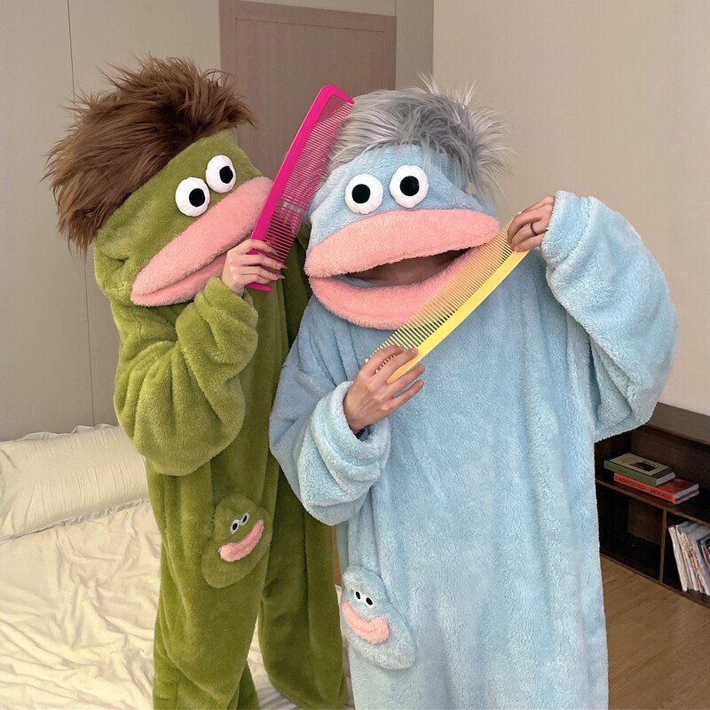 Cute and Quirky Hooded Loungewear with Big Mouth and Hair, Fleece-Lined and Warm, Abstract and Funny One-Piece Pajamas for Students