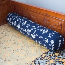 Cotton Linen Protection Neck Cylindrical Hug Pillow Round Strip Pillow Blue Printed Chinese Style Bed round leaning pillow field Garden National Wind