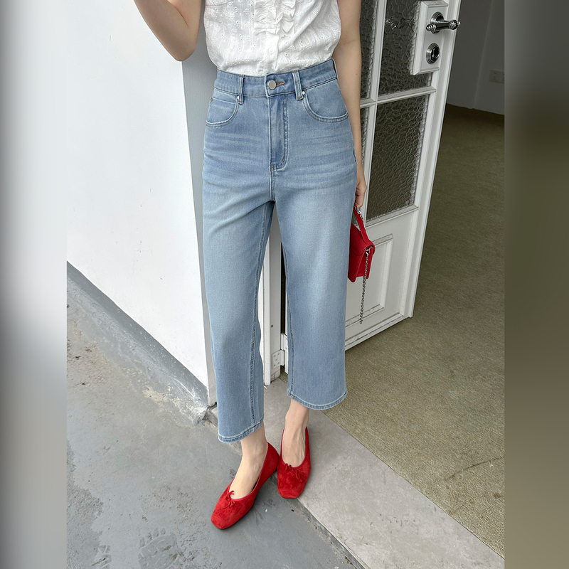 【Straight Leg Filter】Ferjia 2026 Summer New Fashion High-Waisted Slimming Blue Cropped Denim Pants for Women