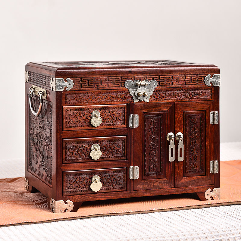 Mahogany Zambian blood sandalwood jewelry box wedding solid wood storage box retro Chinese style makeup built-in mirror with lock