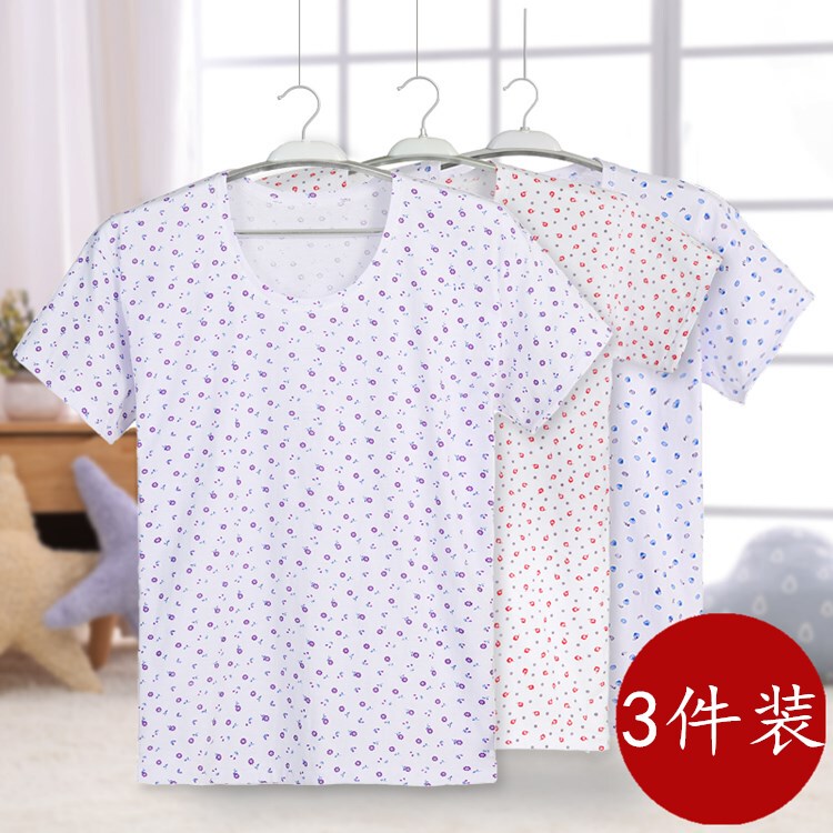 3-Pack of Middle-Aged and Elderly Women's Printed Cotton Short-Sleeved Vests, Mother's Round-Neck Loose Large-Size Base Layer Pajamas
