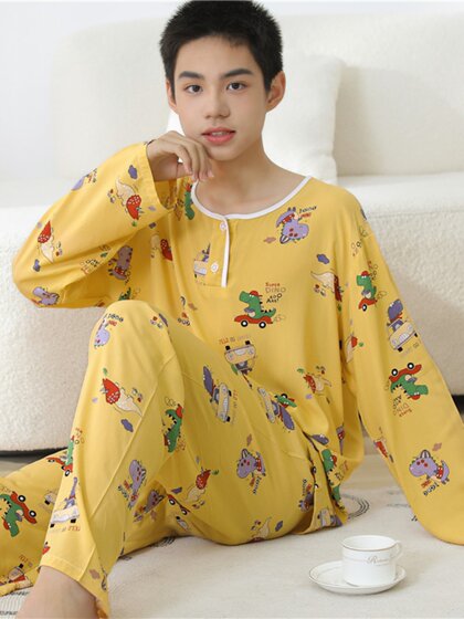 大童棉绸睡衣夏季青少年男童儿童薄款绵绸男孩长袖空调家居服套装