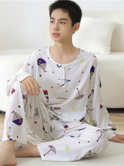 大童棉绸睡衣夏季青少年男童儿童薄款绵绸男孩长袖空调家居服套装