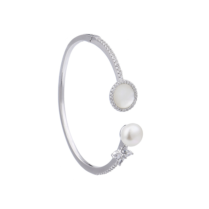 High-end customised 925 silver micro inlaid zircon with natural pearl mare with opening bracelet jewellery