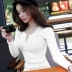 Mùa thu đông tay dài áo thun nữ cổ chữ V nút áo sơ mi dài mid-top phiên bản Hàn Quốc của áo liền thân màu size lớn áo sơ mi thủy triều áo khoác adidas nữ Cộng với kích thước quần áo