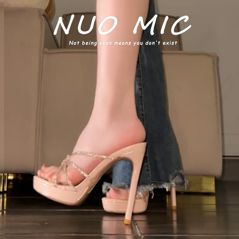 Small Size Sexy Rhinestone Cross-Strap Stiletto Sandals for Women, Open-Toe Ultra-High Heels, Waterproof Platform Fairy-Style Slippers