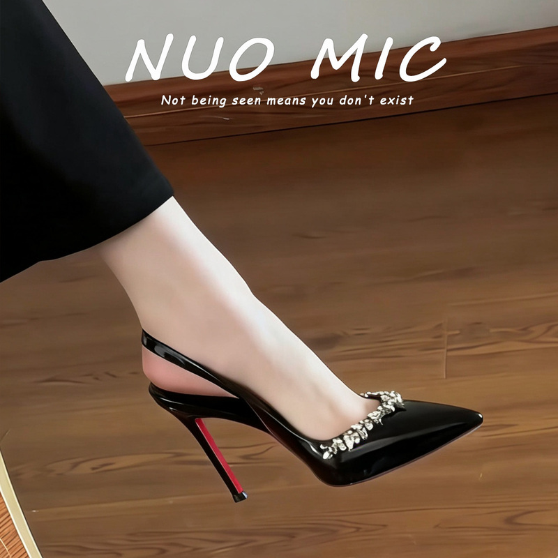 Red Patent Leather Rhinestone High Heels for Women 2026 New French Style Commuting Beautiful and Comfortable Stiletto Open-Back Sandals