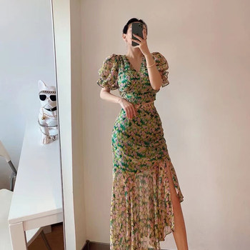 2022 French-style chiffon floral suit skirt women's strappy short top slit fishtail skirt two-piece set