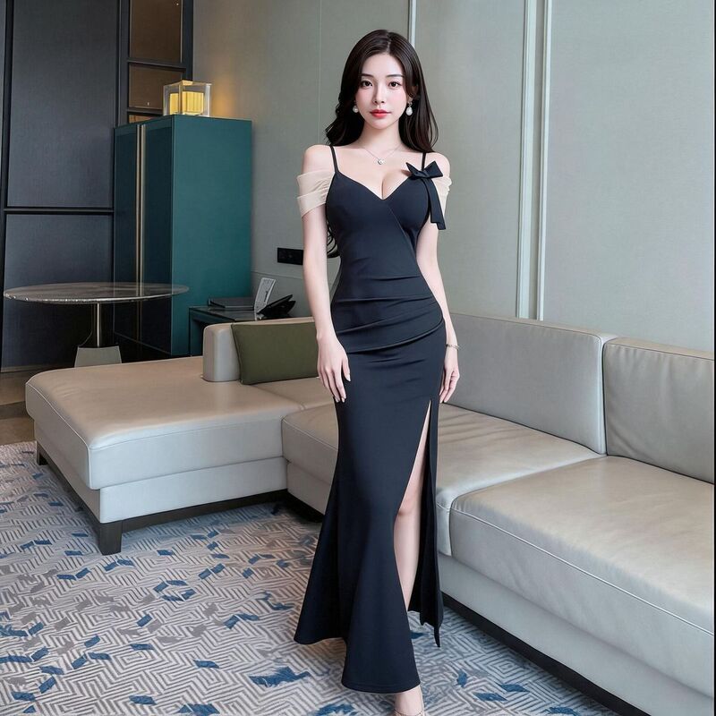 Socialite Style Black Mesh Dress with Spaghetti Straps, Bow, V-Neck, Slit, Long Dress for Cocktail Parties and Gatherings Socialite Style Black Mesh Dress with Spaghetti Straps, Bow, V-Neck, Slit, Long Dress for Cocktail Parties and Gatherings