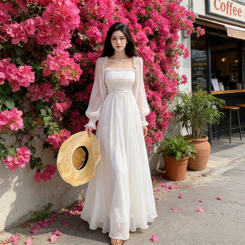 French Gentle Style Square-Neck Long-Sleeved Chiffon Long Dress with Waist Slimming Effect White Dress First Love Fairy Dress