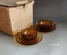 чашка 库存全新品：民国中古老琉璃料器咖啡杯子琥珀色玻璃托盘茶杯-e款