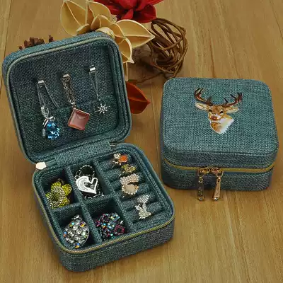 Portable jewelry box Small travel ear needle bracelet necklace ring storage box Simple retro embroidery jewelry bag