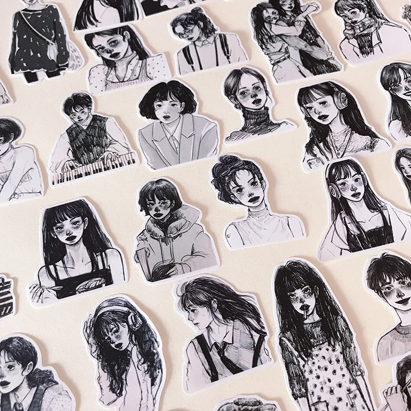 ins wind sticker decoration small pattern black and white series sketching teenage girl hands account material mobile phone protective shell drop glue phase books diy