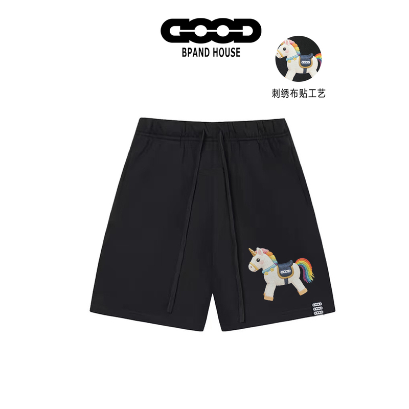 Summer Old White Style Good Embroidered Pony Shorts Unisex Loose American Streetwear Pure Cotton Casual Five-Point Sweatpants