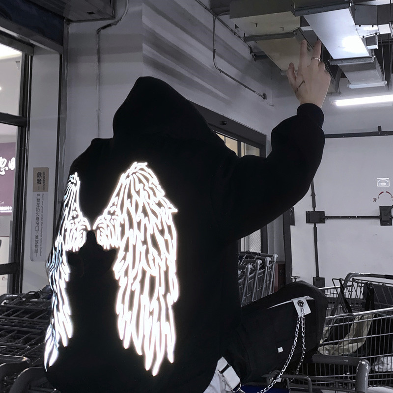 Reflective Wings Hoodie for Men, Loose Fit, Trendy, Versatile, Winter Fleece-Lined, ins Couple Outfit, Glow-In-The-Dark Jacket