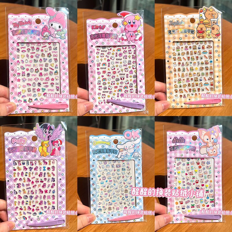 Embossed Luminous Nail Stickers for Kidsren and Girls, Kuromi, Chipmunk, Strawberry Bear, Waterproof Baby Decorative Nail Stickers