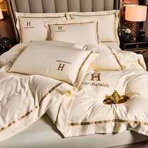 Summer European ice silk four-piece set naked sleeping silk smooth bed sheet duvet cover embroidery double-sided silk bedding Fitted sheet