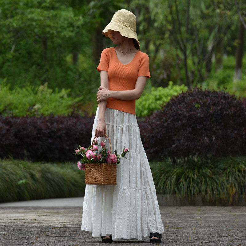 [Yuhe] Pure Heart LAOSHU Solid Color A-Line Skirt with Tie, Extra Large Hem, Slimming Dance Long Skirt for Spring and Summer 