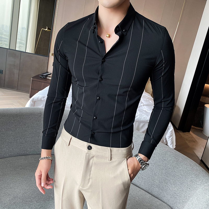 Tide Card Men's Vertical Striped Shirt Long Sleeve Fit Korean Version Trend Free Ironing Shirt Men Business Casual Handsome Blouse