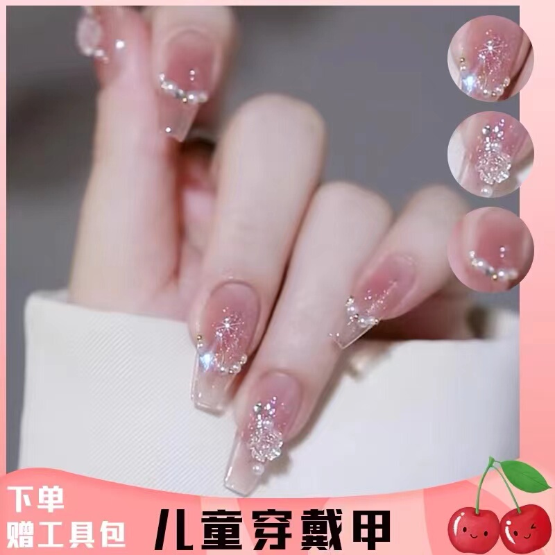 Children's Manicure Wearable Nails for Girls, Pink Camellia, Non-Toxic Fingernails, Removable, Waterproof, Long-Lasting, for Primary School Students