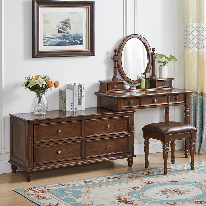American-Style Solid Wood Dressing Table for Bedroom, Extendable with Drawers, Makeup Desk, Corner Dressing Table with Integrated Storage Cabinet American-Style Solid Wood Dressing Table for Bedroom, Extendable with Drawers, Makeup Desk, Corner Dressing Table with Integrated Storage Cabinet