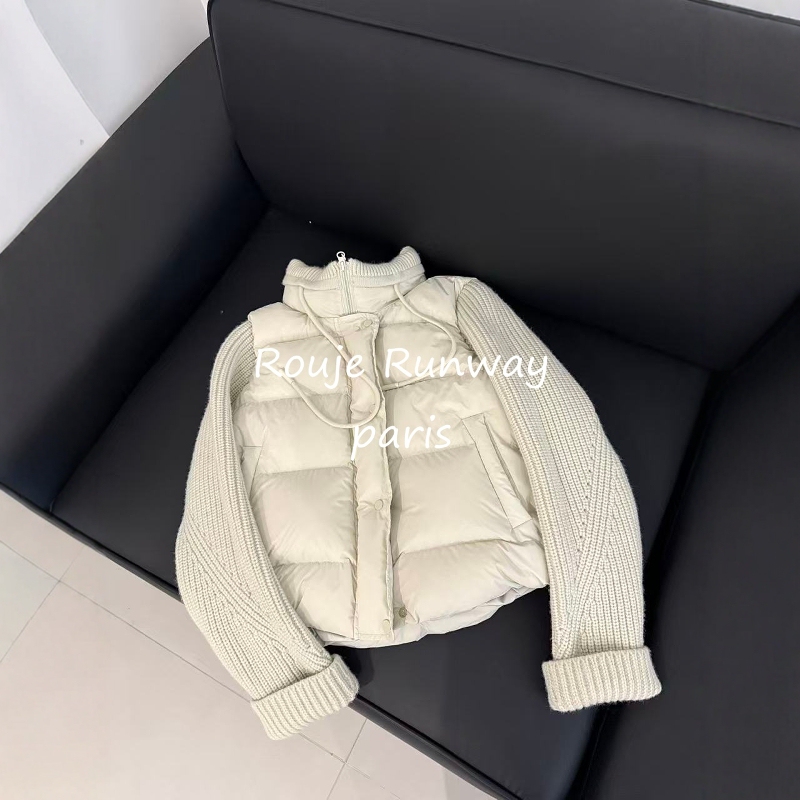 Rouje Runway Knitted Patchwork Lightweight down Jacket Women's Winter Sweater Sleeves Fake Two-Piece White Duck down Jacket
