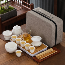 Sheep fat jade cover bowl portable kung fu travel tea set fast customer cup one pot six cups tea art teacher teaching training