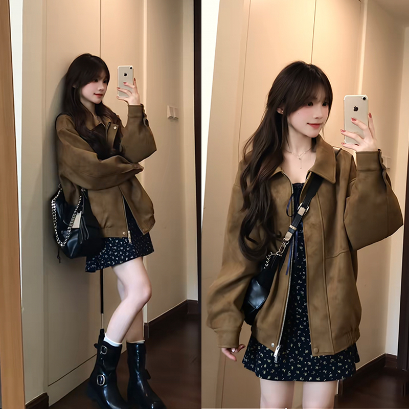 Autumn Early Autumn American Retro Coffee-Colored Suede Jacket for Women, Oversized Loose Jacket Top for Spring and Autumn