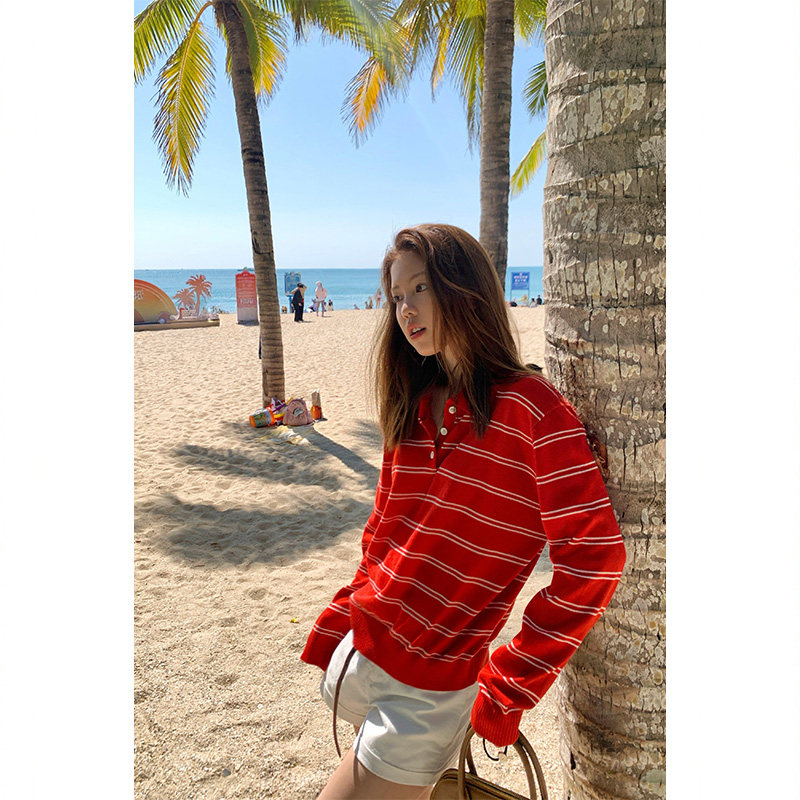 Tuuuh женский красный вязаный свитер с воротником поло в полоску, корейский стиль, винтаж, повседневный, стройнящий