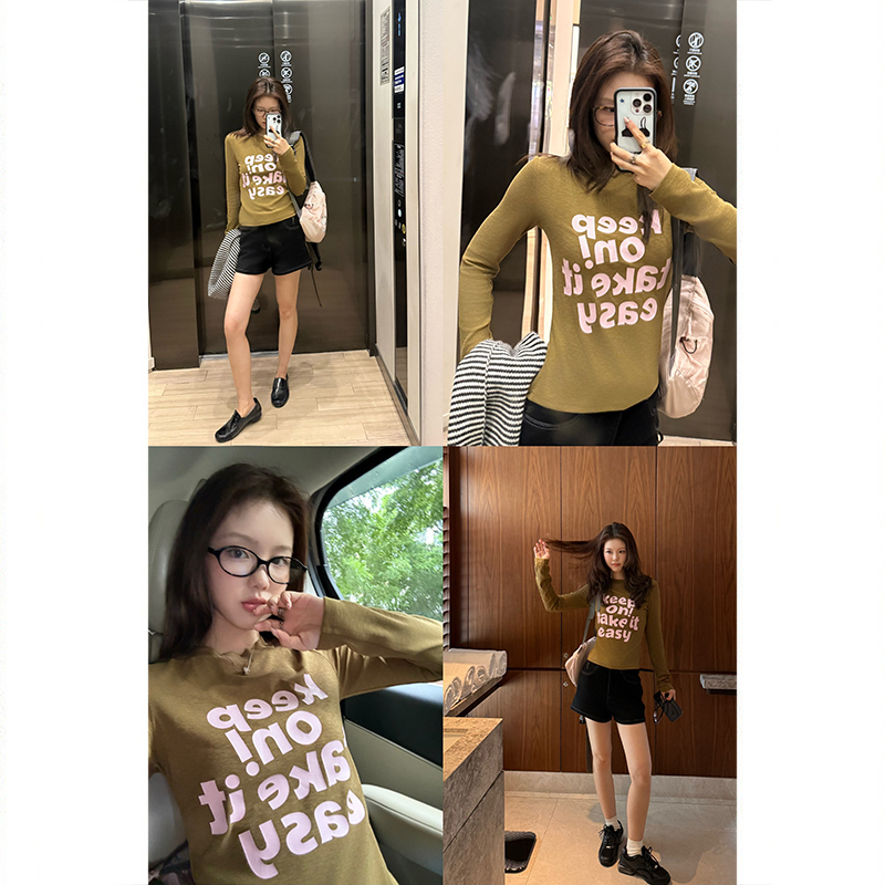 Tuuuh Picture Book [Relaxed Olive Green] Olive Green Letter Print Crew Neck Tencel T-Shirt Slim Fit Top