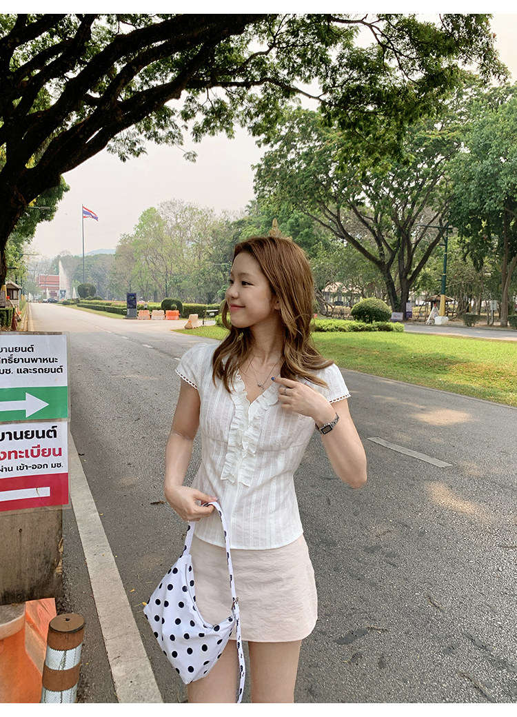 Tuuuh женская белая рубашка с французскими рюшами летняя V-образный вырез приталенная универсальная короткий рукав блузка