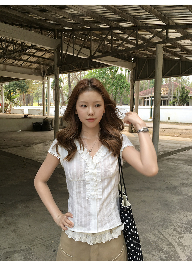 Tuuuh женская белая рубашка с французскими рюшами летняя V-образный вырез приталенная универсальная короткий рукав блузка