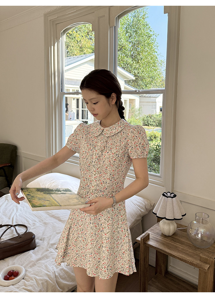 Tuuuh платье с воротником-жабо, рукавами-буфами и цветочным принтом женское весенне-летнее корейский стиль школьный стройнящее милое