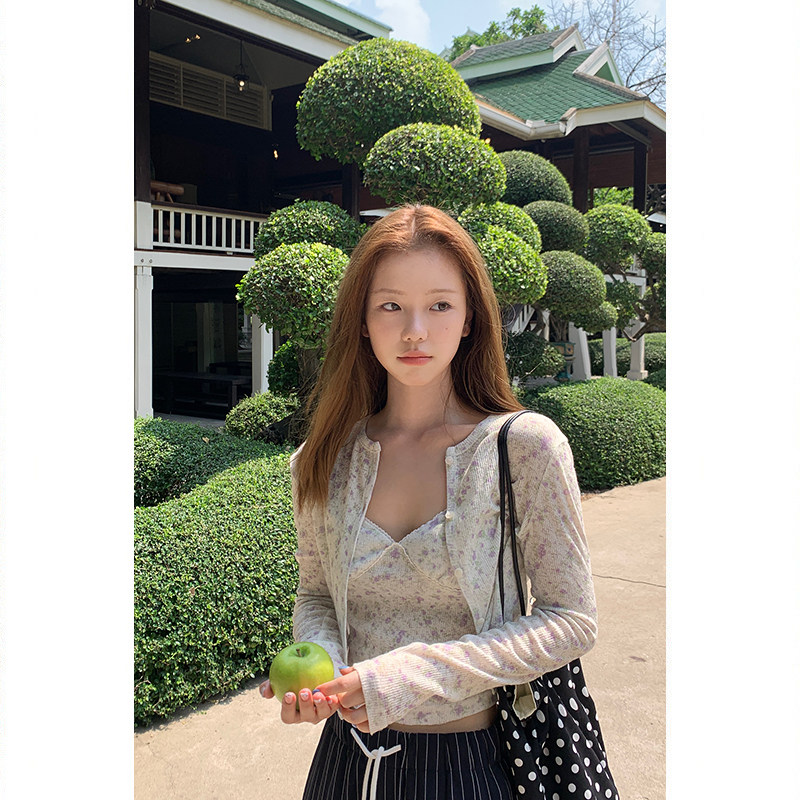 Tuuuh альбом для рисования мелкий цветочный принт круглый вырез кардиган с длинными рукавами женский корейский стиль тонкий короткий топ