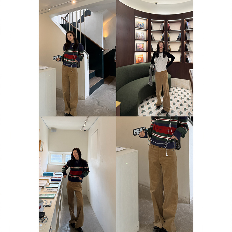 Tuuuh Picture Book【Khaki Corduroy Pants】Khaki Corduroy Wide-Leg Long Pants for Women, Vintage Straight-Leg Casual Pants