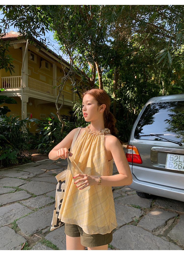 Tuuuh платье женское летнее французское ретро с завязками на шее в клетку свободное универсальное для отпуска